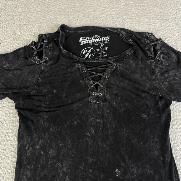 Affliction x Fast and Furious T Shirt Womens Medium Black Tie Dye Lace Up Sleeve - Picture 1 of 8